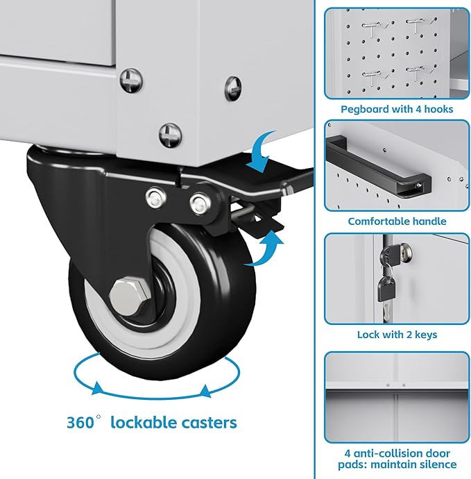 Aobabo 34.3" H Garage Storage Cabinet with Wheels,Lockable Metal Storage Cabinet with 2 Doors for Garage Home Office Storage,White,Assembly Required