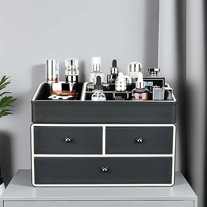 KINGFOM 2 Tier PU Leather Makeup Organizer with 3 Drawers, Cosmetic Storage Organizers for vanity Dresser Countertop and Bathroom Vanity, Beauty Holder for Lipstick Brush Skincare (Black)