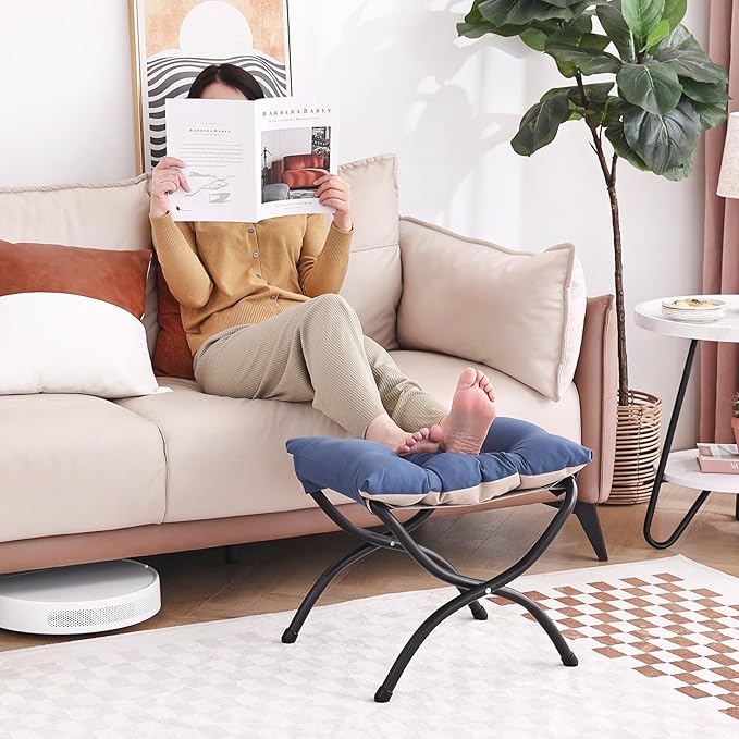 LITA Folding Upholstered Footrest Stool, Modern Small Portable Accent Ottoman with Detachable Thick Cotton Cushion Padded Sofa Stool with Metal Frame for Lazy Chair, Living Room & Bedroom, Royal Blue