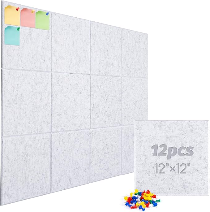 Large Cork Board Alternative, 12 Pack Felt Board with Safe Removable Adhesive Tabs Felt Wall Tiles, Large Cork Boards for Walls, Cork Board for Home Office, Pin Boards for Walls, Marble White