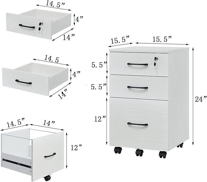 File Cabinet With Lock, 3 Drawer Wood Rolling Filing Under Desk for Home Office, Storage Fits Letter/A4 Size, Mobile Printer Stand, White