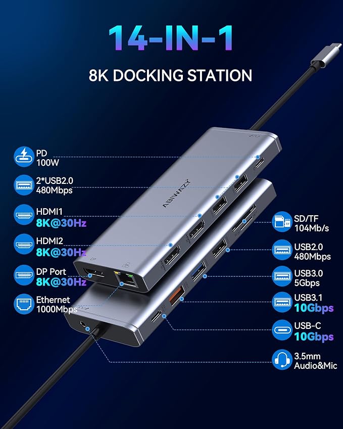 USB C Docking Station Dual Monitor for Dell/HP/Lenovo Laptop, Single 8K@30Hz/4K@120Hz, Triple 4K Display USB C Hub Multiple Adapter with 2 HDMI+DP+USB3.1+6 USB+RJ45+PD+SD/TF+Audio for iPhone 15