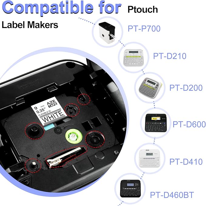 2 Pack 9mm 0.35 TZe-FX221 Laminated Tape Compatible for Ptouch TZ TZe Flexible ID Cable Wires Labels Black on White 3/8" for PT-PD200 D210 D400 D600 H100 H110 P300BT P700 P710BT