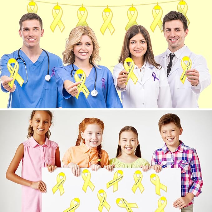 Kosiz 100 Pack Large Gold Ribbon Set 100 Childhood Cancer Ribbon Cutouts 2 Marker Pens 100 Wooden Clips with Rope Neuroblastoma Cancer Awareness Items for Public Charity Party Supplies
