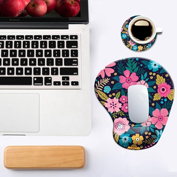 DOOKE Ergonomic Mouse Pad with Wrist Support and Coaster,Mouse Pads with Non-Slip PU Base for Home Office Working Studying Easy Typing & Pain Relief Botanical