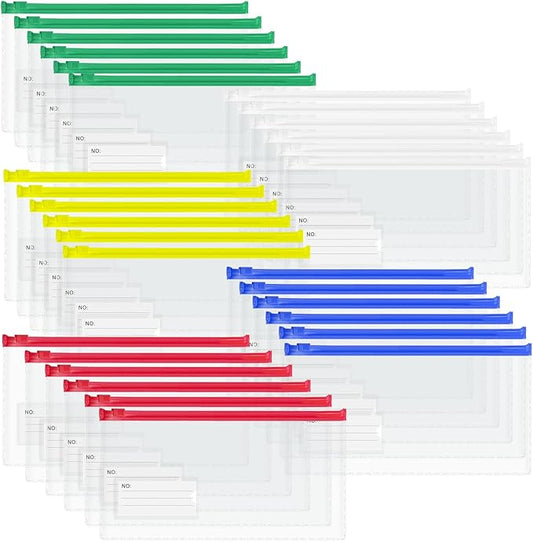 Small Zipper Plastic Envelopes, BOPART 30Pcs Plastic Pouch with Label Pocket, 9x4.7 Inches Clear Pencil Pouch Reusable Money Envelopes, Poly Zip Envelopes for Organizing & Storage