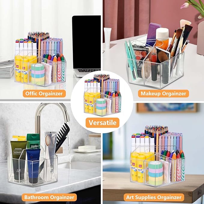 Pen Holder for Desk Acrylic, Large 6 Slots 360-Degree Rotating Marker Organizer Pencil Holder, Caddy Art Supply Organizer Crayon Organizers for Office School