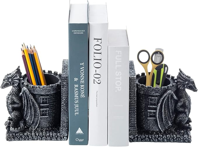 MyGift Gothic Black Resin Dragon Guarding Castle Pencil Cup Bookends, Office Desk Book Ends with Decorative Fantasy Dragons and Stone Tower Pen Holders, 1 Pair
