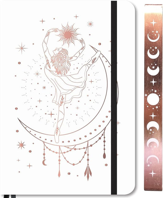 BUKE Medium A5 Hardcover Notebook Dotted Journal - 180Gsm Thick Bamboo Paper - 160 Dot Grid Pages 5x5 MM - White Color Faux PU Leather Cover - Rose Gold Edge And Moons (A5, White)