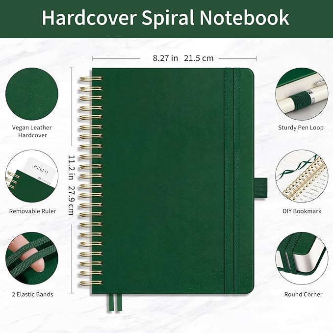 EMSHOI A4 Leather Hardcover Spiral Notebook College Ruled, 300 Numbered Pages, 100 GSM Thick Paper - Premium Lined Journal for Writing, Note-Taking, Work & Journaling; 8.27"x11.2", Dark Green