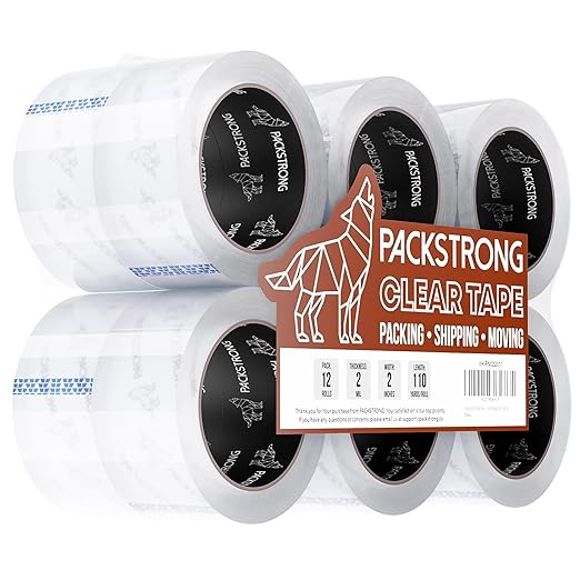 Packstrong Industrial Grade Clear Packing Tape 12 Rolls - 110 Yards per Roll - 2" Wide x 2 mil Thick, Acrylic Adhesive Tape for Box Office Moving Packaging Shipping