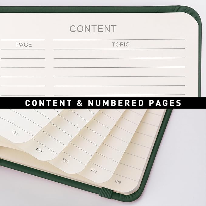 RETTACY Lined Journal Notebook, 192 Numbered Pages, A5 Medium Size (5.7'' x 8.3''), for Men & Women, Journaling, Writing, Work & Office, Leather Hardcover, 100 GSM Thick Paper (Dark Green)