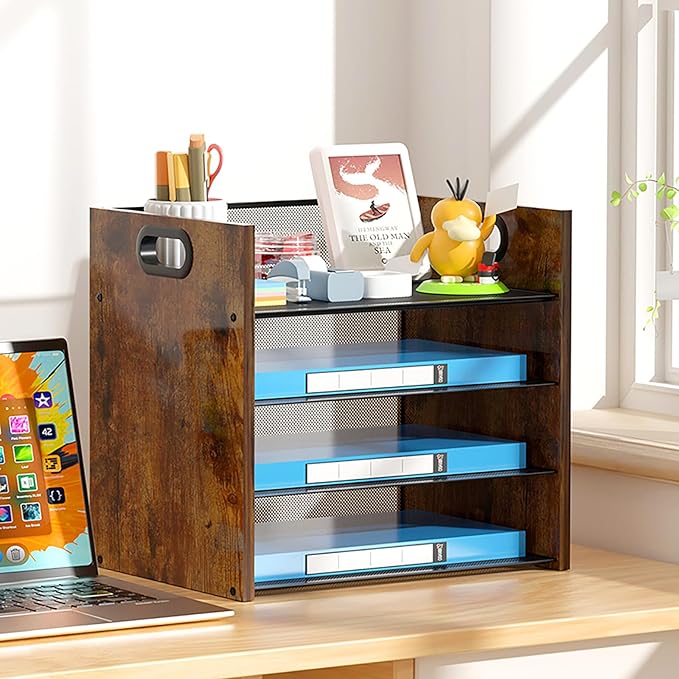 Wood Desk Organizer - 4-Tier Desktop File Organizer, Wooden Paper Organizer, Office Desk Organizer for Papers, Mail, Notebooks, Stationery