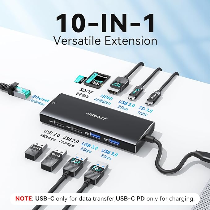USB C Hub Multiport Adapter,10 in 1 USB C to USB HDMI Ethernet Hub USB C Dongle for MacBook Pro/Air, iPad Pro,Dell with 4K@60Hz HDMI+Ethernet+4USB+1USB-C Data Port+SD/TF Card Reader+100W PD (Black)