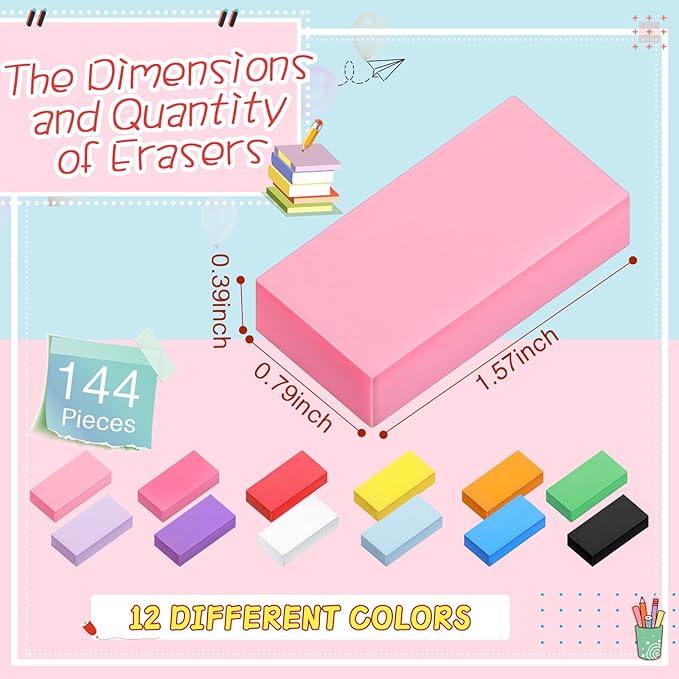 144 Pcs Bulk Erasers for Kids Pencil Erasers First Day of School Gifts for Student Pastel Colors Neon Colors Cute Party Favor for Classroom Art Office, Back-to-School Supplies(Multicolor)