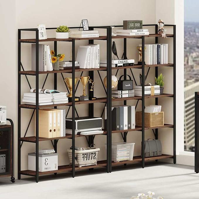 BON AUGURE Industrial Bookshelf, Bookcases and Bookshelves Etagere, Tall Large Farmhouse Book Shelves, 5 Tier Open Bookcase, Wood Metal Shelving Unit for Bedroom, Office (Rustic Oak)