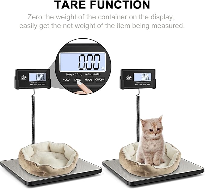 QP Shipping Scale, 440 lb/0.35 oz High Accuracy Digital Postal Scale, Postage Scale, Hold/Tare Function, Auto Off LCD Display, Lightweight Scale for Packages/Luggage/Pet, Battery & AC Adapter Included