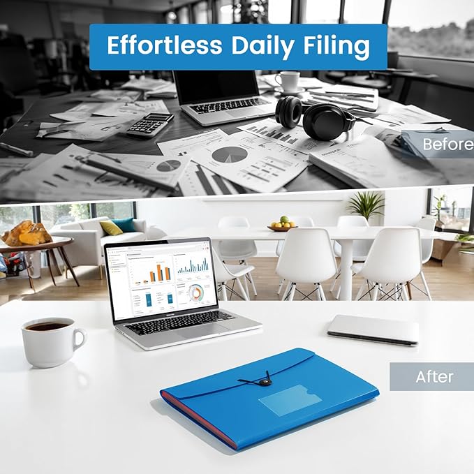 13 Pocket Accordion File Organizer with Elastic Closure, Expanding File Folder for Letter Size A4 Papers, Ideal for Home, Office Supplies, College Essentials - Blue