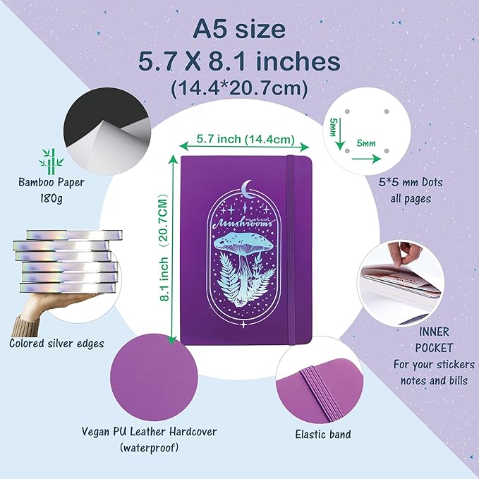 Dotted Notebook Journal 180GSM Bamboo Thick White Paper 160 Pages 5 * 5MM Dot Grid, Lay Flat Binding,Colored Silver Edges, Bookmarks and Expandable Back Pocket (BKP-1)