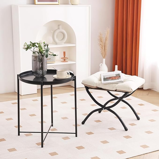 LITA Folding Upholstered Footrest Stool, Modern Small Portable Accent Ottoman with Detachable Thick Cotton Cushion Padded Sofa Stool with Metal Frame for Lazy Chair, Living Room & Bedroom, Beige