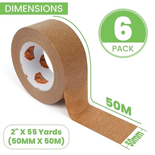 Eco-Friendly Kraft Paper Tape, Biodegradable Heavy Duty Packing Tape 2Inch x 55Yard, Recyclable Packaging Tape Self Adhesive Box Tape for Shipping, Sealing, Moving & Masking, 6Rolls