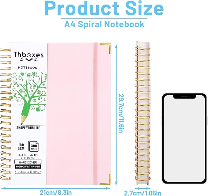 Spiral Notebook 8.3” x 11.6”, 300 Pages/150 Sheets Pink Notebook College Ruled A4 Spiral Notebook Journaling Notebook with Index Sticker, Back Pocket, Elastic Band for Work Business School Note Taking