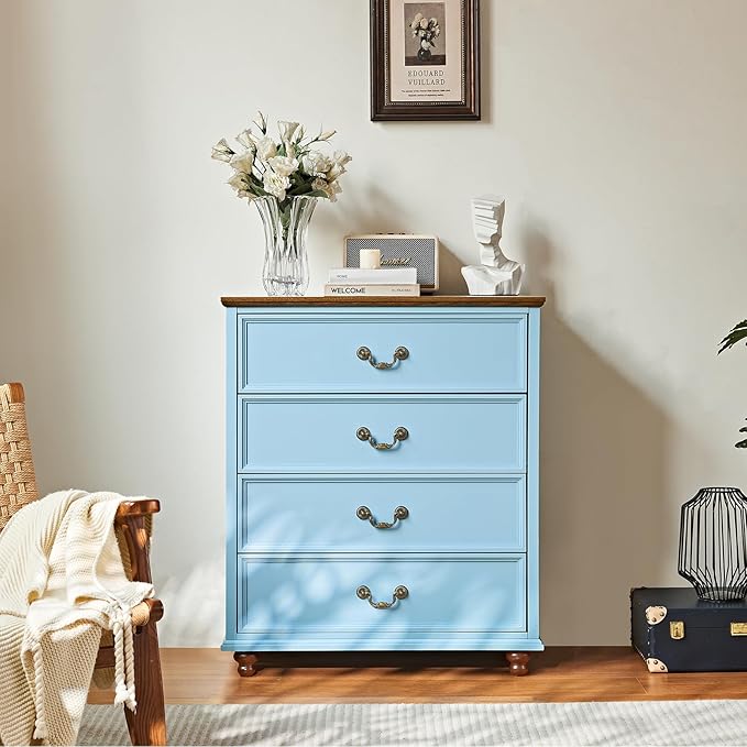 Farmhouse 4 Drawer Dresser Set of 2 for Bedroom, 37" Tall Rustic Chests of Drawers w/ 4 Solid Wood Feet, Mid Century Vintage Wooden Closet Storage Dressers Organizer for Living Room,Light Blue
