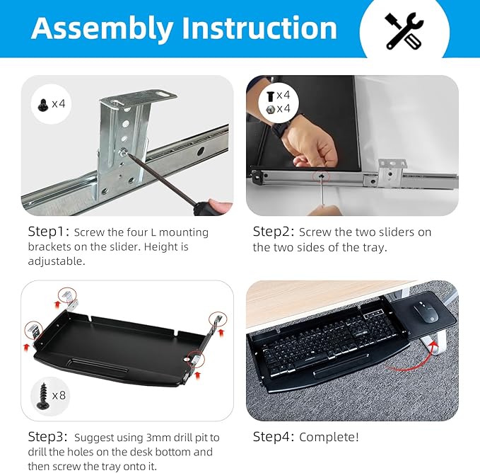 Solid Steel Under Desk Keyboard Tray Slide Out with 360° Rotating Mouse Platform,Keyboard Shelf Sliding,Under Desk Mounted Keyboard Holder,Under Desk Keyboard Drawer 28"Lx10"W
