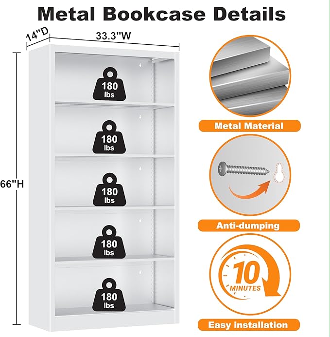 White Metal Bookshelf, 66" Tall Bookcase, Industrial Bookshelves and Bookcases, 5 Shelf Bookcase with Adjustable Shelves, Heavy Duty Book Cases for Office, Home, Library, Living Room, School
