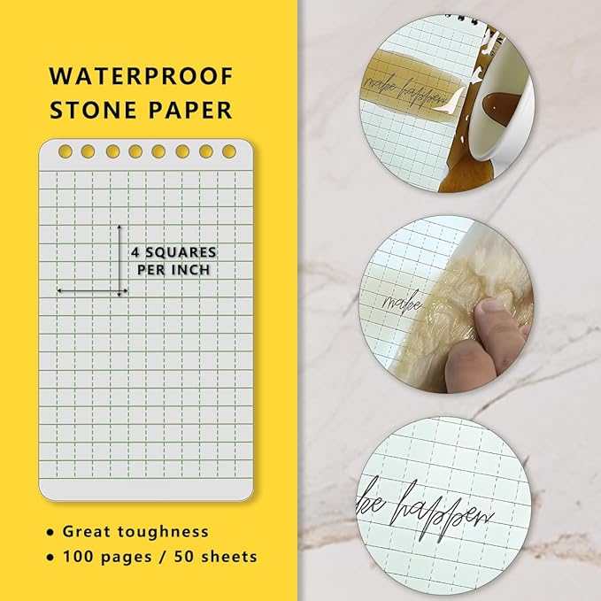 Stone Paper Waterproof Top Spiral Notepad Weatherproof Steno Pads 3" x 5" Pocket Notebooks, Universal Graph Pattern, 4 Pack 400 Pages for Field Travel Adventure (3" x 5", Black)