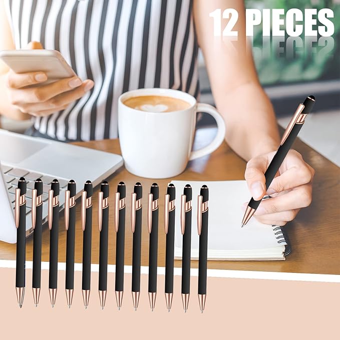 12 Pcs Blue Ink Ballpoint Pen with Stylus Tip, 1.0 mm Metal Pen Stylus Pen for Touch Screens, 2 in 1 Thank You Pen Gift for Friends, Colleagues, Coworker, Office, Family (Black Rose Gold)