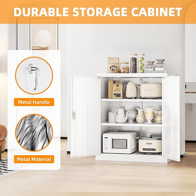 INTERGREAT Metal Cabinet with Lock, Lockable Metal Storage Cabinets with Doors and Shelves for Garage, White Locking Garage Storage Cabinets 36"×32"×16"