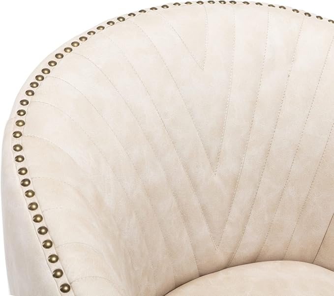 Beige Faux Leather Home Office Desk Chair, Upholstered Barrel Swivel Adjustable Arm Desk Chair with Nailheads, Comfy Mid-Back Study Chair with Silent Wheel for Study Office Computer