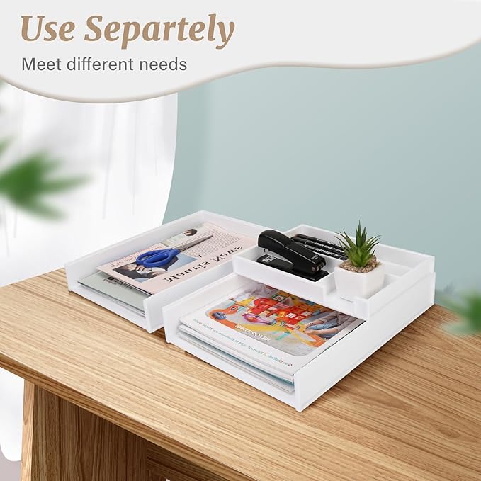 Stackable Letter Tray, 3 Pcs A4 Paper Tray, Desk Document File Organizer Set, Plastic Desk Paper Tray Organizer for A4 Paper Magazine, Receipts, Office Supplies,White