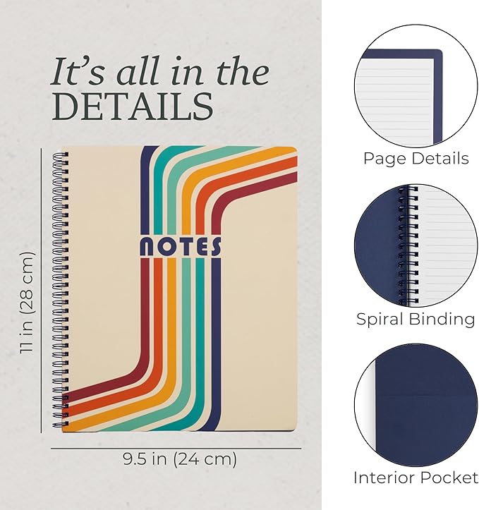 Steel Mill & Co Cute Large Spiral Notebook College Ruled, 11" x 9.5" with Durable Hardcover and 160 Lined Pages (Retro Stripe)