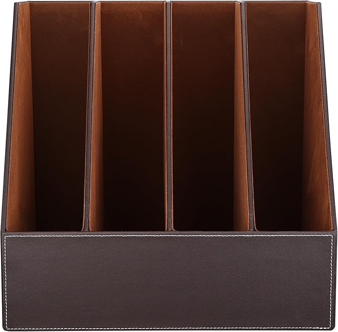 KINGFOM 4-Slot Wood Leather Document Files Holder Rack Stand Desk Files Organizer Papers Collection Cabinet (4 slot brown)