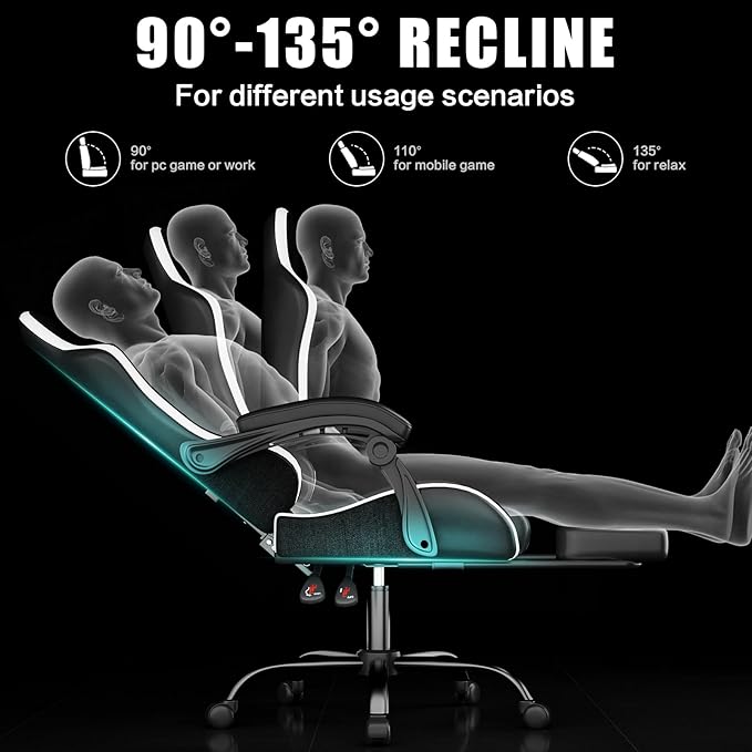 Gaming Chair, Ergonomic Office Computer Chair with Footrest and Lumbar Support Massager Racing Style High Back Video Gamer Chair, Wide＆Thick Cushion, 90°-135° Recline, Adjustable Height, White