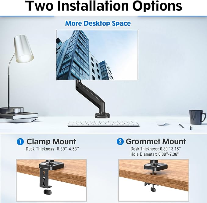 MOUNTUP Monitor Arm Desk Mount, Fully Adjustable, Computer Monitor Stand for 17-30 Inch, 4.4-17.6lbs Screen, VESA Mount with C Clamp & Grommet Base, Black