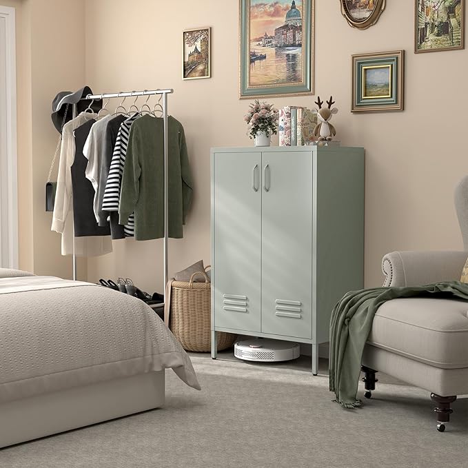 Metal Cabinet,Entryway Cabinet with Adjustable Shelves,Metal Storage Cabinet for Classroom,Living Room,Kitchen,Outdoor,Grey Green