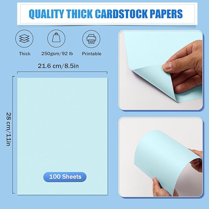 MixTeach 100 Sheets Light Blue Cardstock 8.5 x 11 Inch Thick Cardstock Paper, 250gsm/92lb Double Sided Light Blue Cardstock Printer Paper for Cards Making Crafts Scrapbook Invitations Drawing Printing