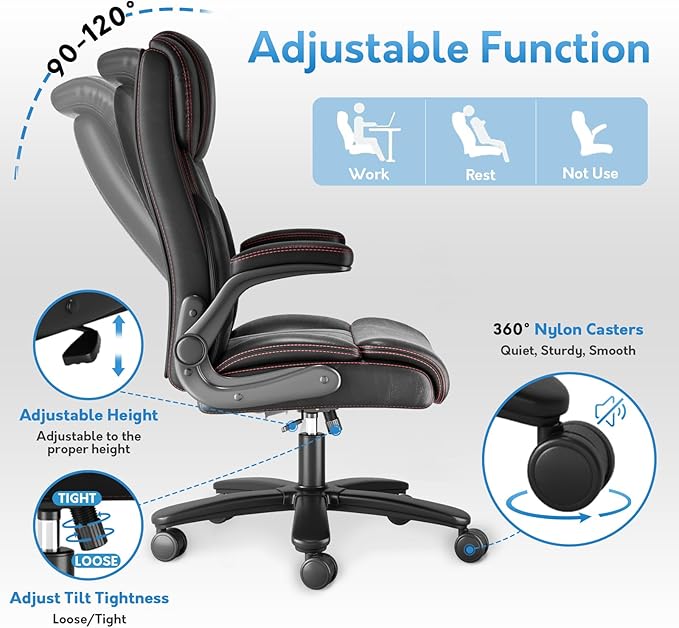 Office Chair Big and Tall 400lbs, High Back Executive Office Chair Flip Up Arms, Breathable Leather Home Office Computer Desk Chair with Lumbar Support Rocking Function, Black