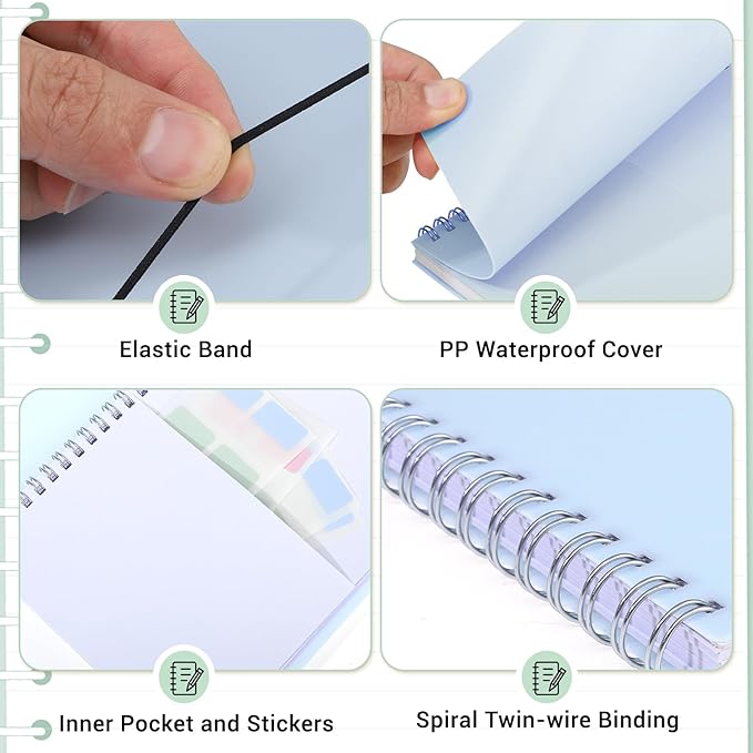 3 Pcs Spiral Notebook 5.9x8.3, 140 Pages Small Notebook for Women A5 College Ruled Journals Cute Notebooks with Large Pockets and Index Stickers for Home School Office Use（Purple, Green, Blue）