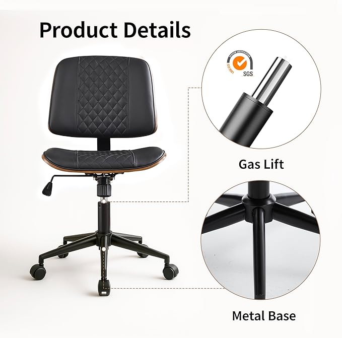 Small Home Office Chair - Armless Mid Back Desk Chair with 360° Swivel and Wheels, PU Upholstered Height Adjustable Modern Walnut Computer Chair for Home, Office Meeting Room - Black
