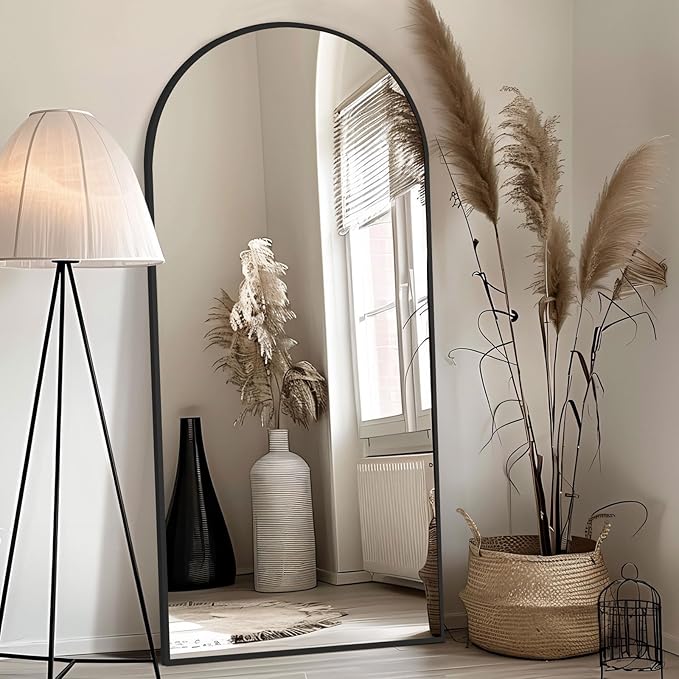Large Arched Floor Mirror Full Length with Stand, 71''x32'' Black Standing Full Length Mirror for Bedroom Living Room Gym, Aluminum Alloy Frame