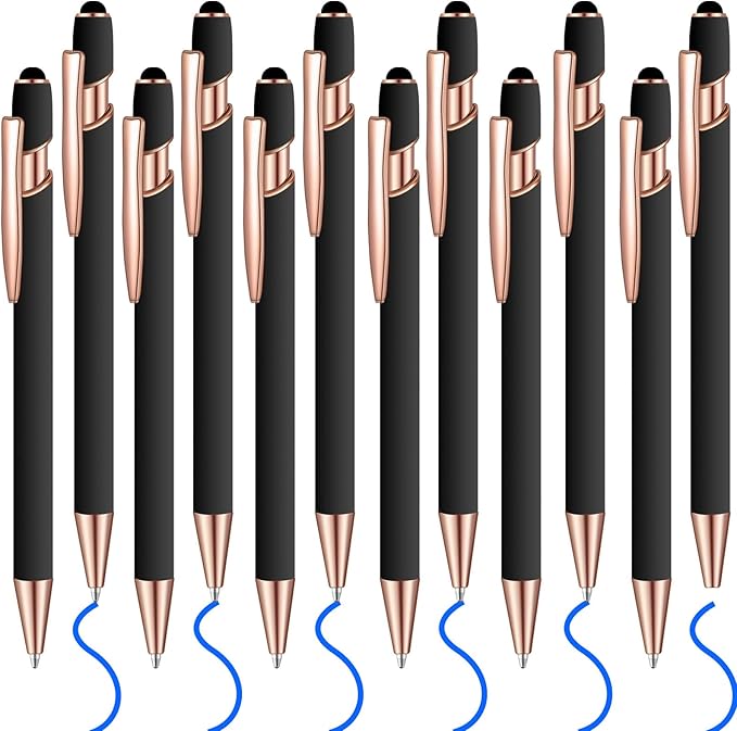12 Pcs Blue Ink Ballpoint Pen with Stylus Tip, 1.0 mm Metal Pen Stylus Pen for Touch Screens, 2 in 1 Thank You Pen Gift for Friends, Colleagues, Coworker, Office, Family (Black Rose Gold)