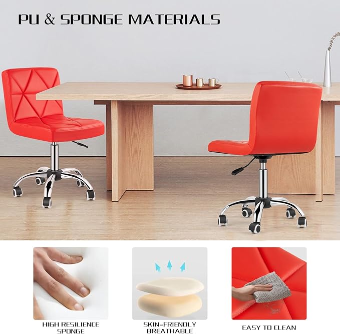 COSVALVE Armless Desk Chair, Mid Back Swivel Office Chair, Adjustable Task Chair with Rolling Wheels and Diamond Pattern, for Home Computer Barber, Red