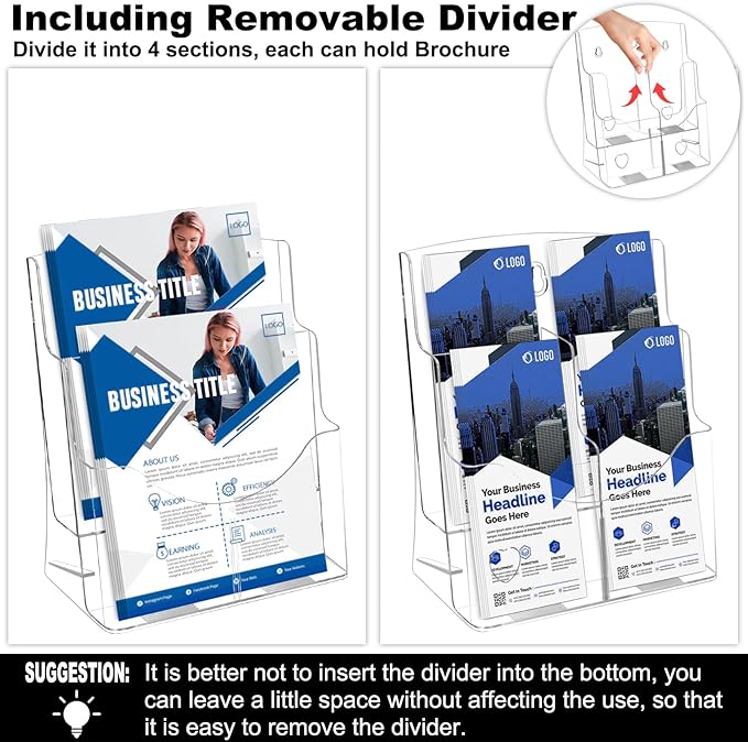 2 Pack Acrylic Brochure Holder 8.5 x 11 in, 2 Tier Brochure Display Stand with Removable Divider for 4 x 9 in Trifold Pamphlets, acrylic flyer holder 8.5 x 11 Stands for Flyer, Pamphlet, Magazine