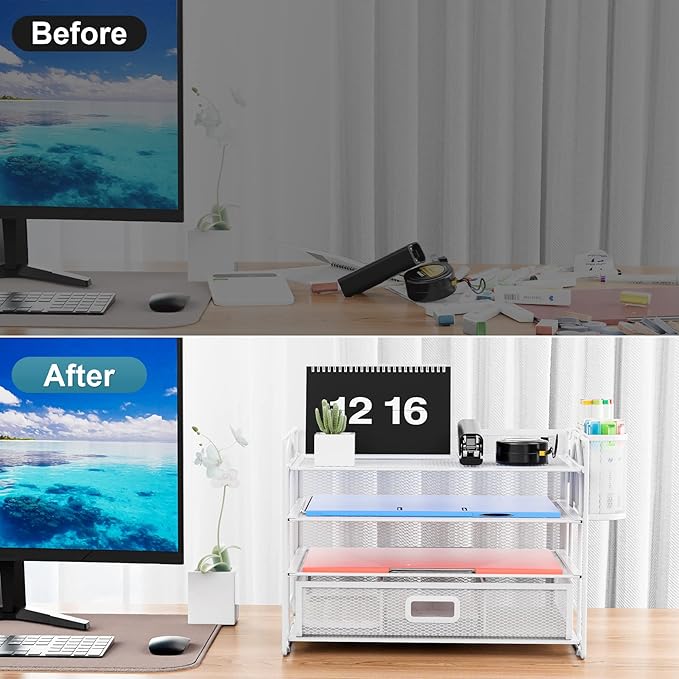 Marbrasse Desk Organizer and Accessories4-Tier Paper File Letter Tray Accessories & Workspace Desk Organizers with Drawer and 2 Pen Holders for School Home Office Supplies (White)