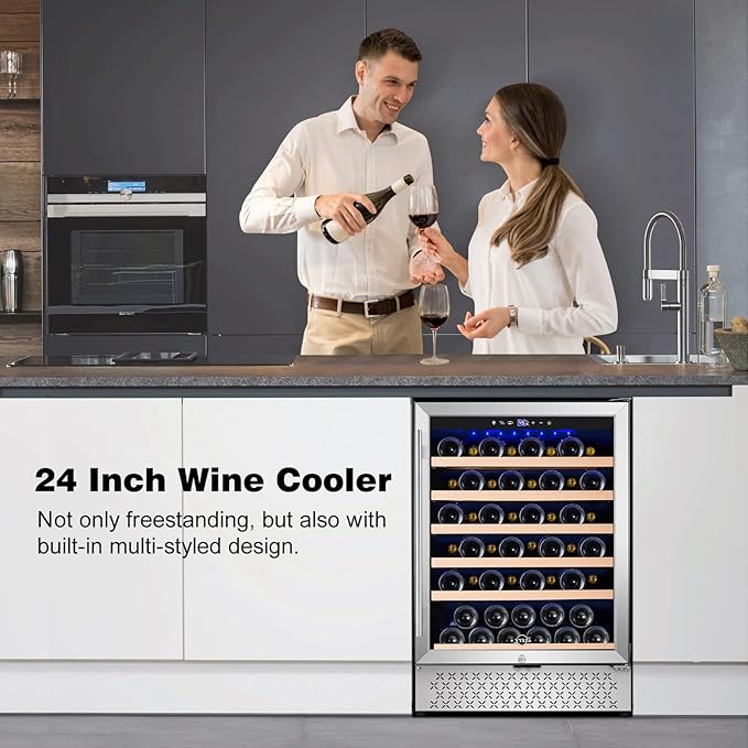 Tylza 24 Inch Wine Cooler Refrigerator, 51 Bottle Built-in or Freestanding, 24'' Fridge with Stainless Steel & Double Layer Tempered Glass Door and Temperature Memory Function