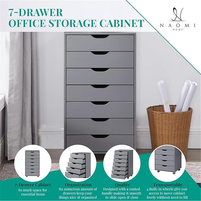 Naomi Home 7 Drawer Office File Cabinet, Storage File cabinets for Home Office, Office Organization Filing Cabinet with Wheels, Printer Stand with Storage, 180 lbs Capacity – Black